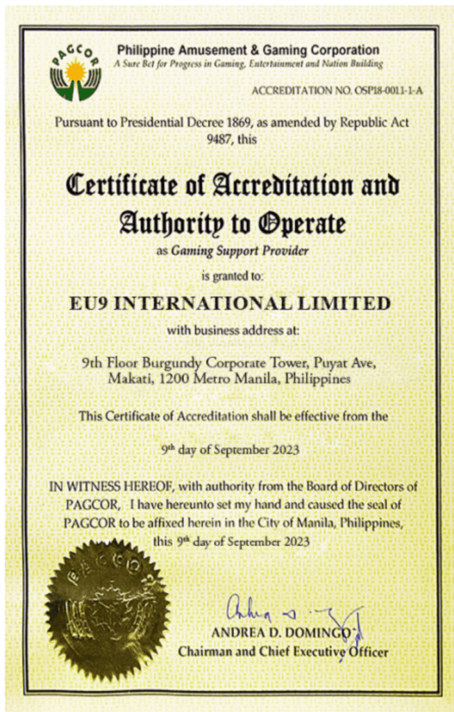 ใบอนุญาตจาก pagcor ของ EU9TH
