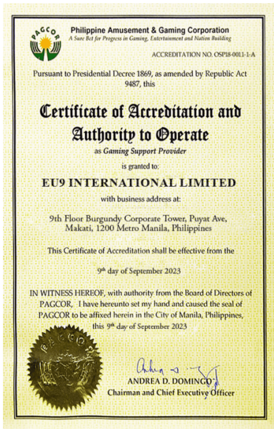ใบอนุญาตจาก pagcor ของ EU9TH