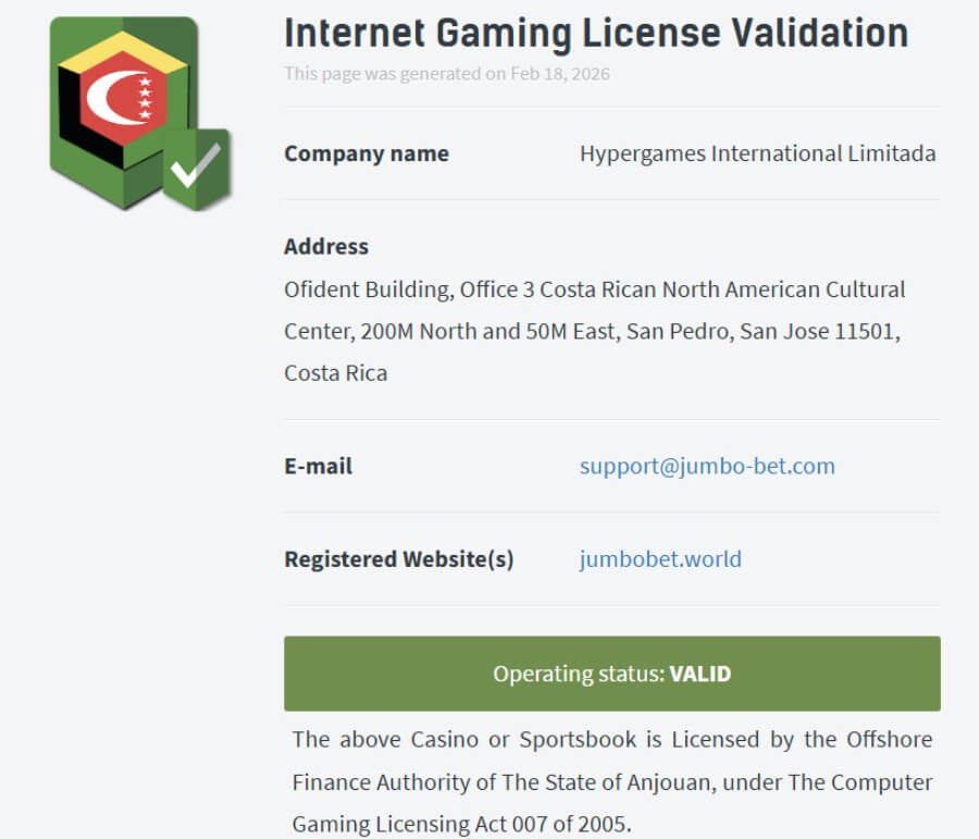 ใบอนุญาตคาสิโนของ Jumbobet