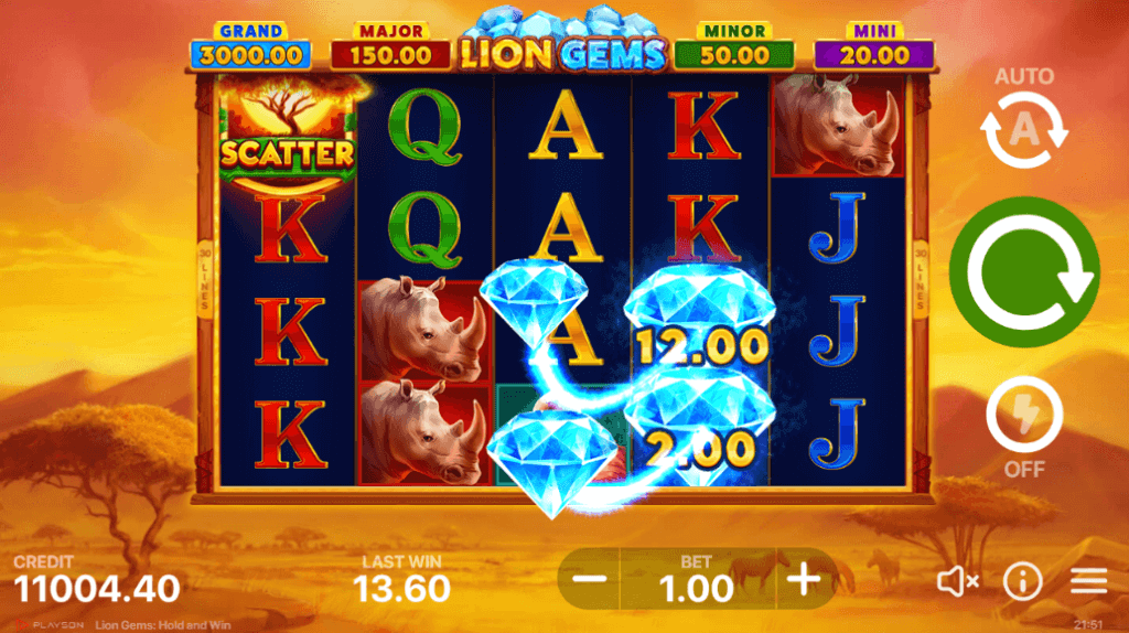 เกมสล็อตโฮลด์แอนด์วิน Lion Gems Hold and Win ค่าย Playson