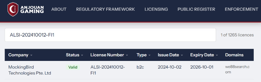 ใบอนุญาตคาสิโนของ WE88 